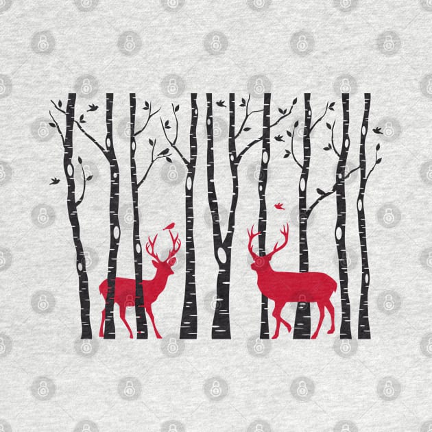 Christmas card, red deer in birch tree forest by beakraus